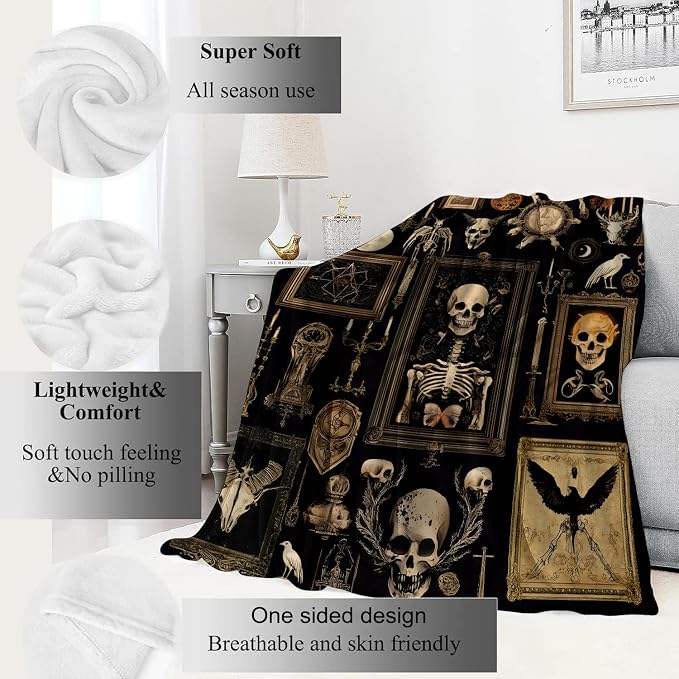 Gothic Skull Witchy Blanket Goth Skeleton Vintage Picture Frame Throw Blankets,Gifts for Kids Adult Women Men,Lightweight Soft Fleece,Horror Lovers,Sofa Couch Bed Room Halloween Decor 60x80in