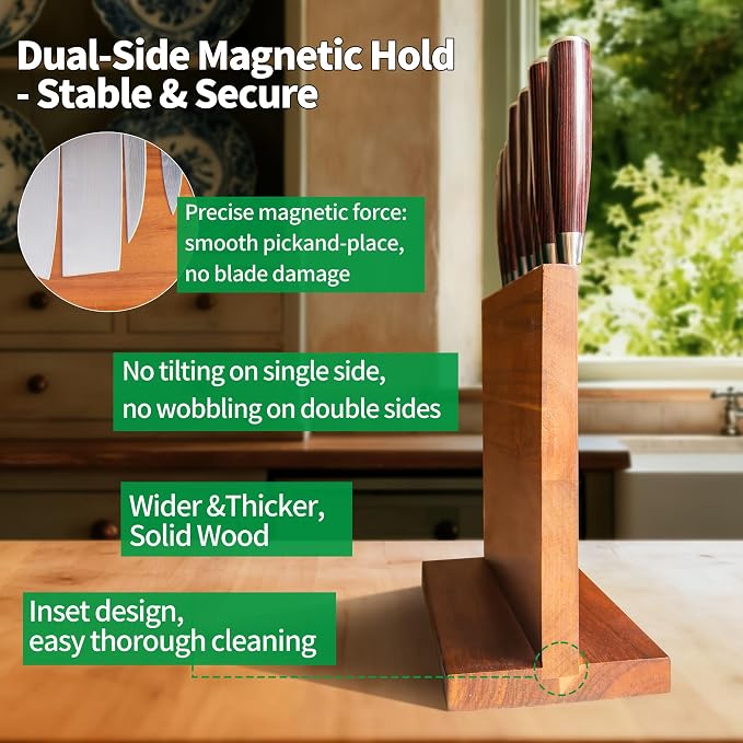 FULLHI Kitchen Magnetic Knife Block Holder Magnetic Strip Natural Wood | with Enhanced Magnets, natural wood, Multifunctional Storage Holder, for Kitchen Utensil, Knife Set, Scissors,Spice Ja