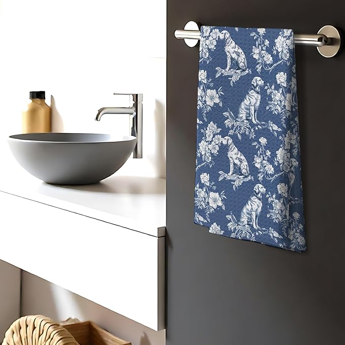 Nipi Blue Chinoiserie Golden Retriever Kitchen Towels, Blue and White Floral Golden Retriever Decorative Dish Tea Towels, Grandmillennial Botanical Dog Hand Towels for Kitchen Bathroom, 16x24 Inch