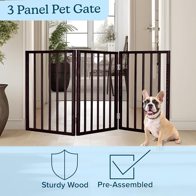 3-Panel Indoor Foldable Dog Fence for Stairs, Hallways, or Doorways - 54x24-Inch Wood Freestanding Dog Gates by PETMAKER (Brown) | Foldable Dog Fence with Accordion Design, Wooden Safety Pet Fence for Stairs, Hallways, Doorways, and Porch