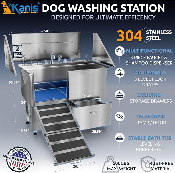 Professional Dog Washing Station 304 Stainless Steel Pet Wash Sink | Grooming Bathtub w/Shower, Floor Grates and Storage for Large, Medium & Small Pets