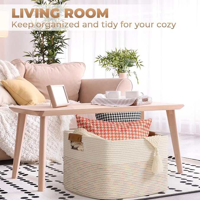 danpinera 108L Large Basket for Living Room, Boho Decorative Basket Organizing with Handles, Cotton Rope Storage for Toys, Pillows, Clothes, 25’’*16’’*16’’ Rainbow