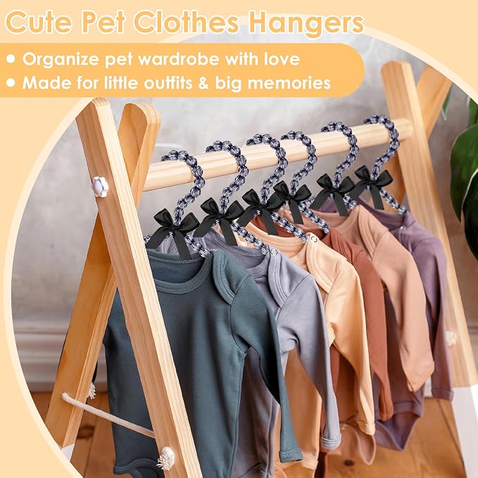 Mini Beaded Closet Hangers for Kid Clothes - Pack of 5, 7.8" Cute Organizers for Small Garments, Pet Outfits, Boutique Displays, Satin Bow Detail - Charm Black