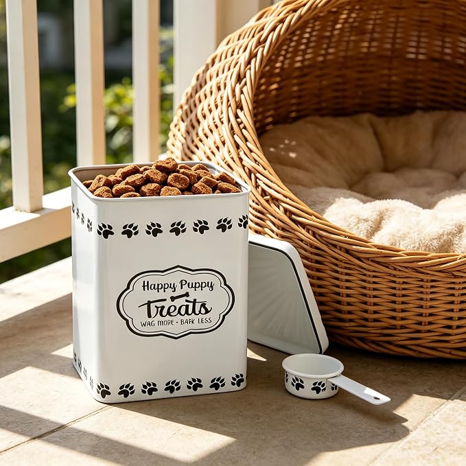 All Chic Dog Food Container Dog Food Storage Container with Lid & Sturdy Metal Handle with Spoon - Metal Kibble Storage Bin for Dogs up to 50 lbs -Pet Food Storage