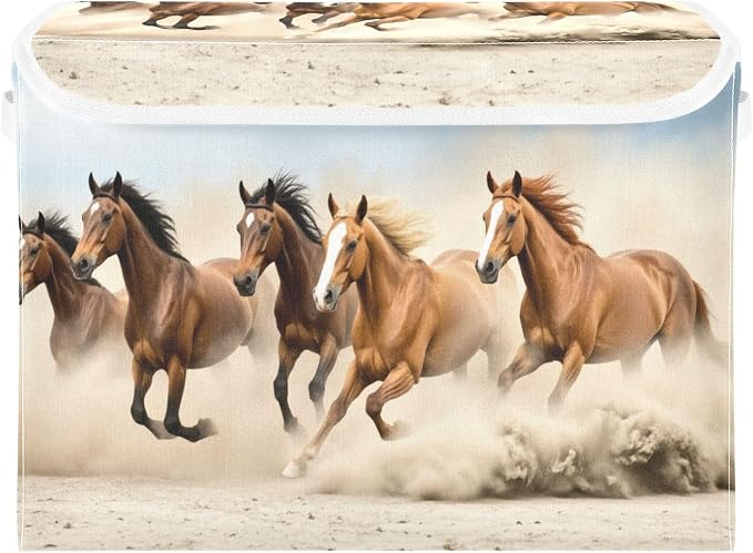Running Horses Storage Bins with Lids Large Collapsible Storage Basket with Handles Cute Horse Foldable Fabric Storage Box Organizer for Clothes Closet Cabinet Home Office Bedroom