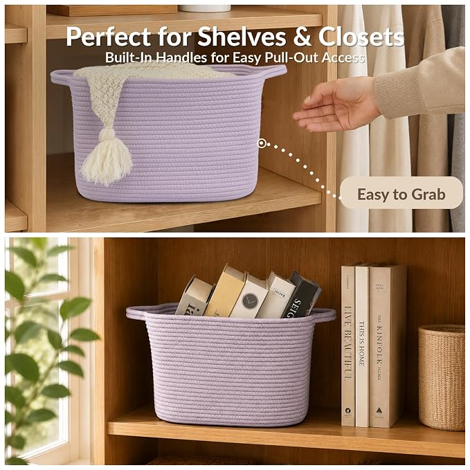 XUANGUO Woven Cotton Rope Storage Basket with Handles 13x10x9 inch Purple | Woven cotton rope basket for shelves and closets. Perfect for toys, books, clothes, nursery storage and gift baskets.