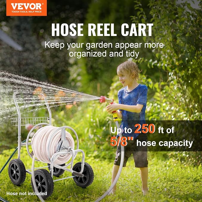 VEVOR Hose Reel Cart, Hold Up to 250 ft of 5/8’’ Hose, Garden Water Hose Carts Mobile Tools with 4 Wheels, Heavy Duty Powder-Coated Steel Outdoor Planting with Storage Basket, for Garden, Yard, Lawn | Heavy Duty Powder-coated Steel, Storage Basket, Mob...