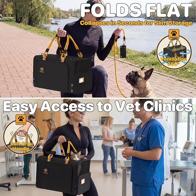 PAWZIDEA Expandable Pet Carrier for Small Cats & Dogs, TSA Airline Approved | 18"×11"×11" Soft-Sided Small Dog Travel Bag, Collapsible Top-Load Cat Carrier for 2 Cats Under Seat, Puppy Car Seat Up 15lbs