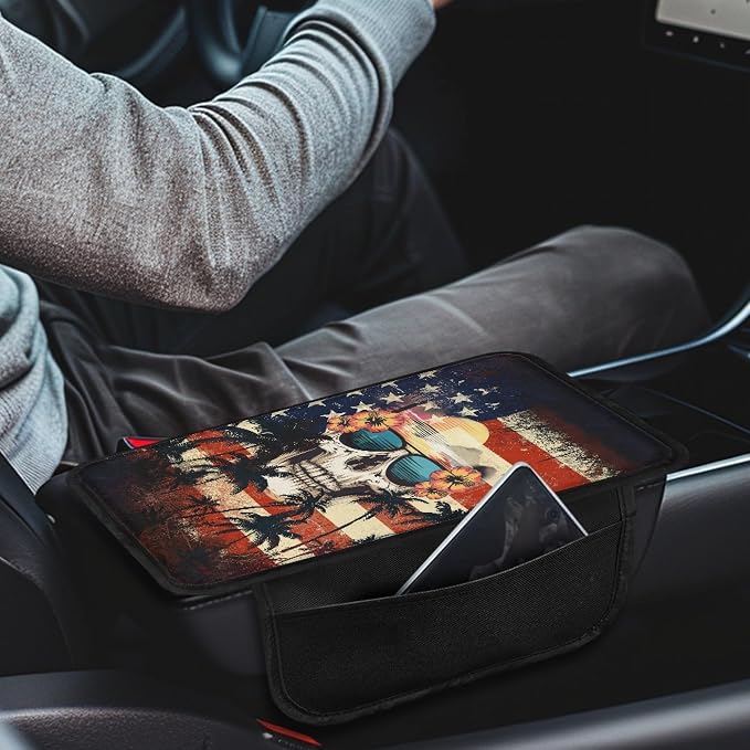 Howilath Console Armrest Pad Cover for Car with 2 Pockets | American Flag Skull Non-Slip Backing, Machine Washable, Universal Fit for SUV Sedan Truck, Protects from Wear and Stains