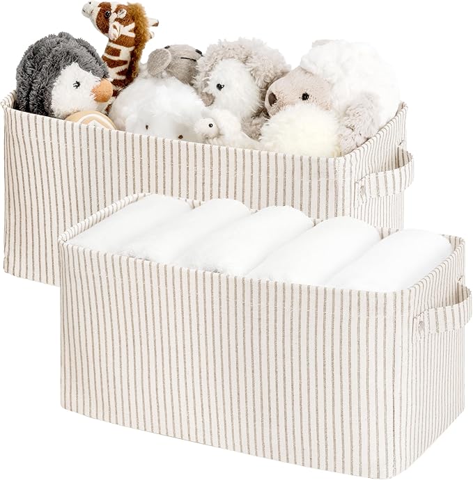 StorageWorks Narrow Storage Bins, Khaki and Beige Stripes, 2-Pack | With Metal Frame, Sturdy Structure, Reinforced Handles, Long Basket for Toilet Paper, For Bathroom, Closet, Shelf