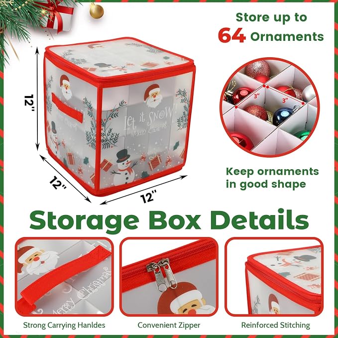 Christmas Ornament Storage Box, Christmas Ball Container with Dividers for 64 Balls, Space-Saving Holiday Decor Organizer Xmas Ornaments Box (Red)