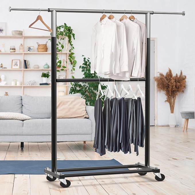 Simple Houseware Double Rod Adjustable Clothing Garment Rack, Black | Extendable Width from 30 to 48 Inches