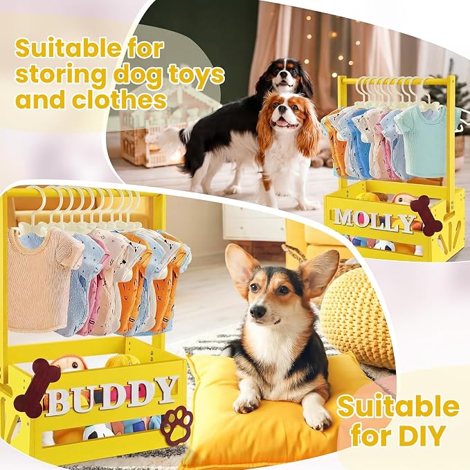 Teenyyou 20" x 13" x 9" Wooden Dog Closet Pet Wardrobe Crate Box with Hanging Rods and Personalized Alphabet Letters Easy Assembly Baskets for Dog Cat Toys Clothes Accessories(Yellow)