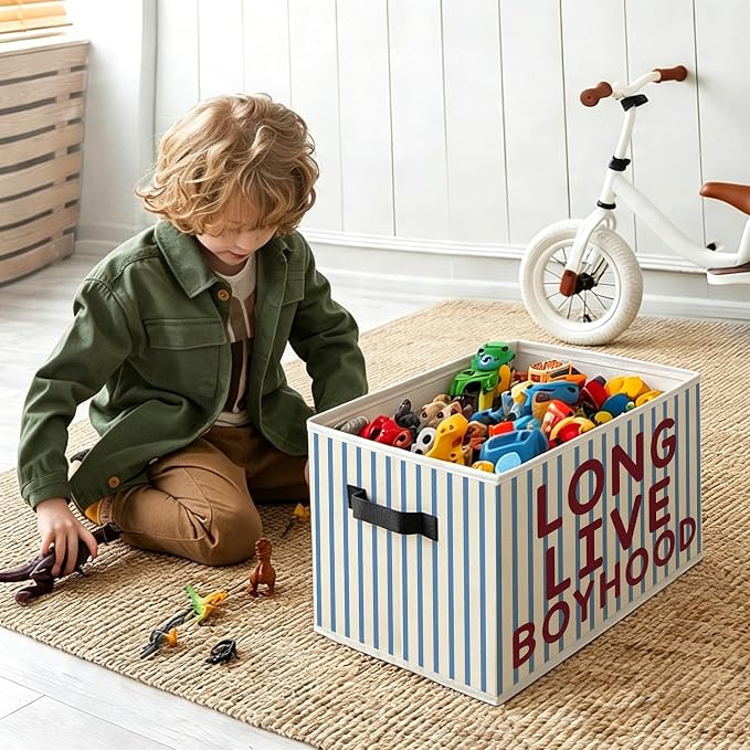Kids Boys Nursery Foldable Storage Bins Box with Handles, Blue Striped Long Live Boyhood Decorative Storage Boxes Baskets Toybox Organizer for Kids Boys Nursery Room Bedroom Playroom