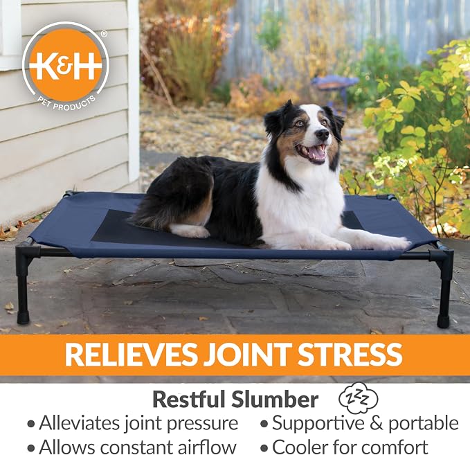 K&H Outdoor Elevated Dog Bed, Cooling Raised Dog Bed, Blue, Large 42x30in | Pet Cot for Medium & Large Pets, Breathable Mesh Center Hammock Design, Indoor/Outdoor Washable Cover, 42x30in