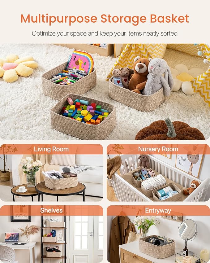 KALLAX Small Woven Storage Basket for Organizing, 13.5x9.5x5 inches, 3 Pack | Shelf baskets for closet organization, toy storage and home decor, Perfect as empty gift baskets for holidays, Mixed Brown