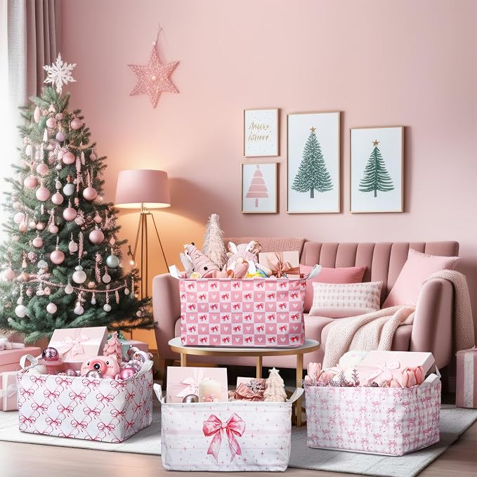 4pcs Christmas Storage Basket Fabric Laundry Baskets with Handle Xmas Foldable Organizer Boxes for Office Home Baby Cloth Toy Book 15 x 10 x 8 (Pink Bowknot)