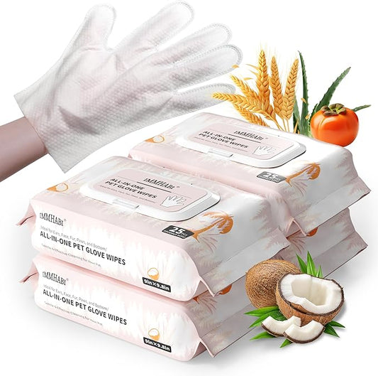 IMMHABI 100 Pcs Cleaning Deodorizing Pet Glove Wipes for Dogs & Cats, Hypoallergenic Dog Bath Wipes with Natural Deodorizer Persimmon Tannin, Pet Bathing Wipes for Horse Coat Care Coconut Scent