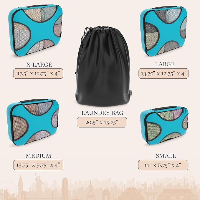 Shacke 5 Set Packing Cubes for Travel with Laundry Bag (Aqua Teal) | Suitcase Organizer Bags Set: 4 Water-Resistant Luggage Cubes, XL to Small, + Laundry Bag for Carry-On or Checked