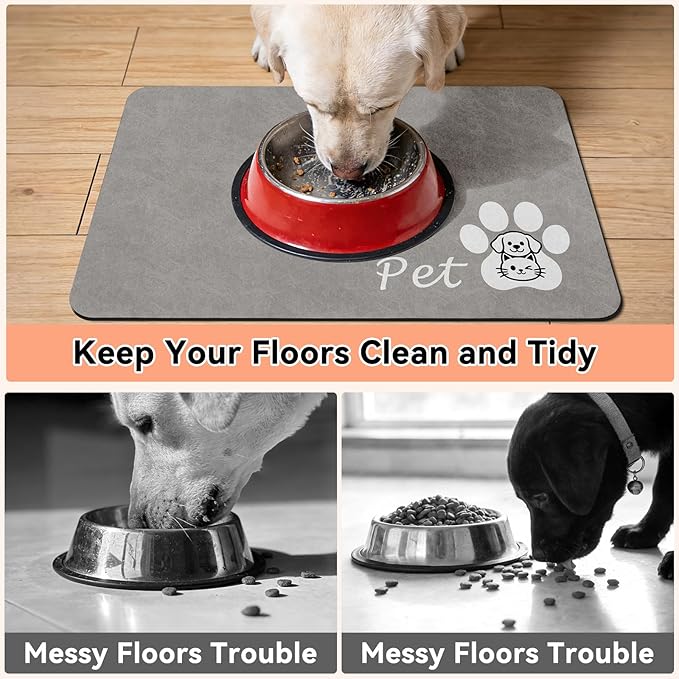 Dog Cat Feeding Mat-Absorbent Pet Bowl Mat for Food and Water, Quick Dry Water Dispenser Mat for Floors with Waterproof Rubber Backing, Puppy Cat Placemat Mats for Messy Drinkers,12"x20",Grey