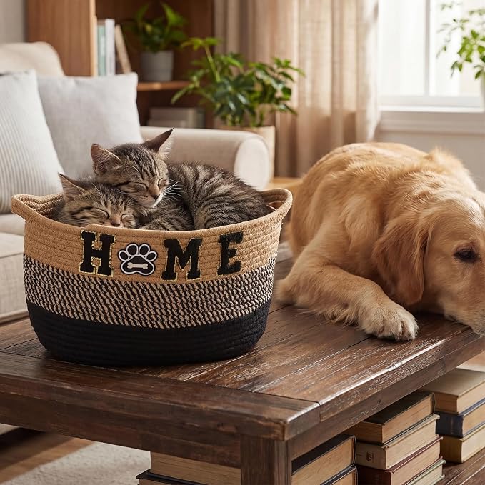 Dog Toy Storage Basket - Large Woven Rope Organizer Bin with Home Paw Patch, 13'' x 8.7'' Decorative Pet Bin Box for Living Room, Cotton Rope Basket for Dog Toys Blankets Accessories