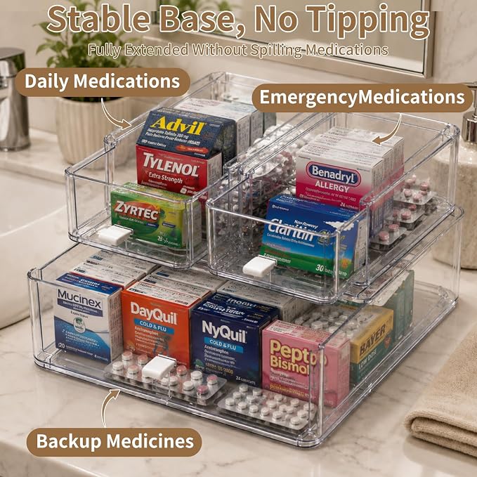 Pull Out Medicine Cabinet Organizer, Clear Acrylic Drawer Storage Organizer with Sliding Trays, Stackable Bathroom Countertop Medication Caddy for Vitamins, Pills, First-Aid Supplies