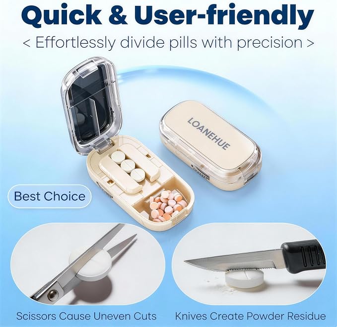 Precision Pill Cutter for Small and Tiny Pills, Sharp Blade with Storage Compartment, Travel-Friendly 1/2 Pill Splitter for Home/On-The-Go, White