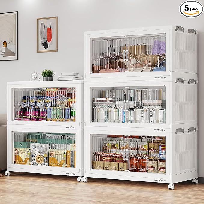 BROVIEW 1000QT Extra Large Stackable Storage Bins with Lids, 5Pack White | 250Gal Plastic Collapsible Cabinets Containers, Wheels & PET Doors, Foldable Closet Organizers Drawers for Office, Dorm