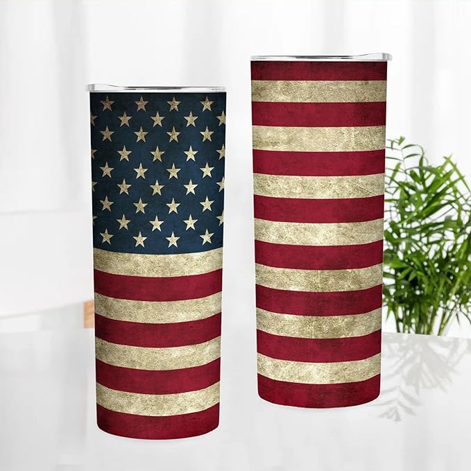 20 oz Insulated Stainless Steel Tumbler Mug, American Banner US Retro Flag Cup with Lid, Hot and Cold Insulation Presents for Men Women Teens