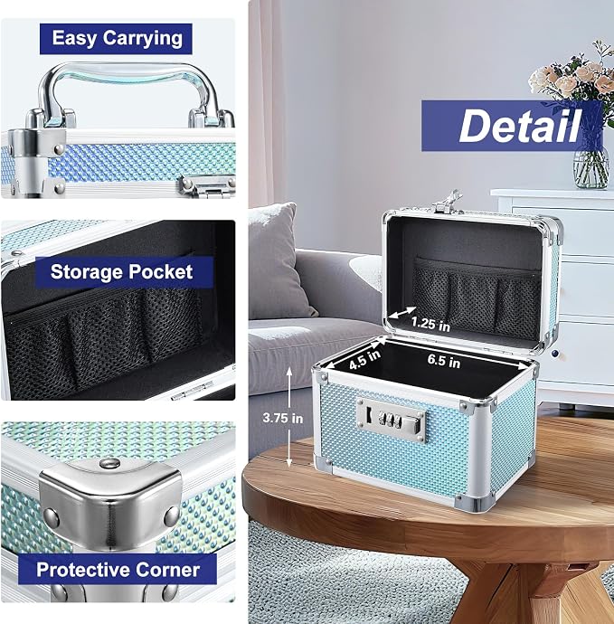 Lockable Medicine Storage Box - Shiny Turquoise Cabinet Med Lock Organizer, 7 * 5.25 * 5.75 Inches Safe Case with Combination Lock for Home, Dorm, Office, or Travel - Mini Size