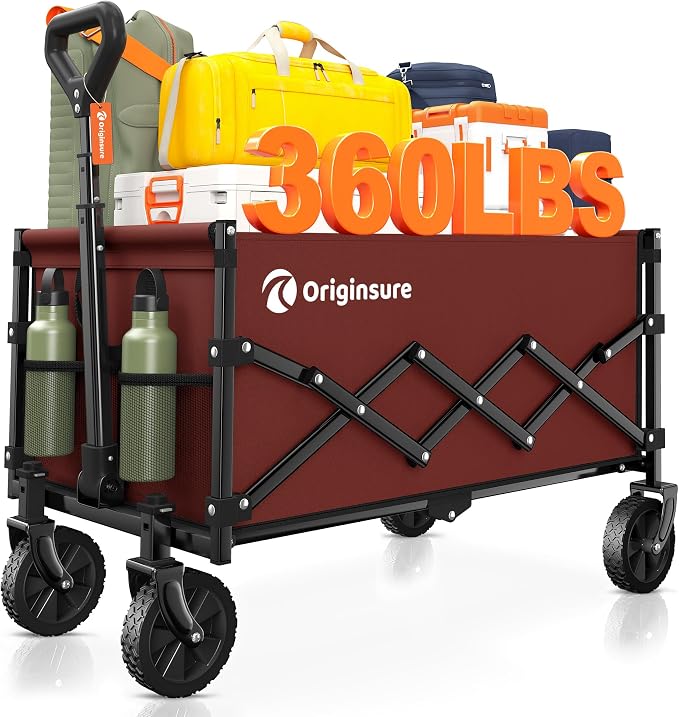 Originsure 110L Portable Collapsible Wagon Cart, 360lbs Heavy Duty, Red | All-Terrain Wheels,Solid Steel Frame,Adjustable Handle,Compact&Space-Saving,Utility for Camping,Sports,Grocery,Garden