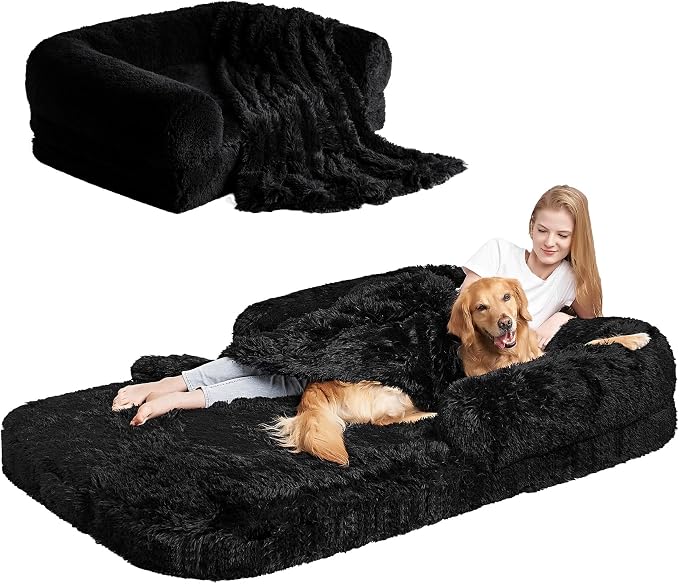 EHEYCIGA Orthopedic Foldable Human Dog Bed - 72x44x11, Black | Memory Foam Human Sized Dog Bed, Waterproof Pet Bed for People, Faux Fur Pet Couch for Adult with Non-Slip Bottom