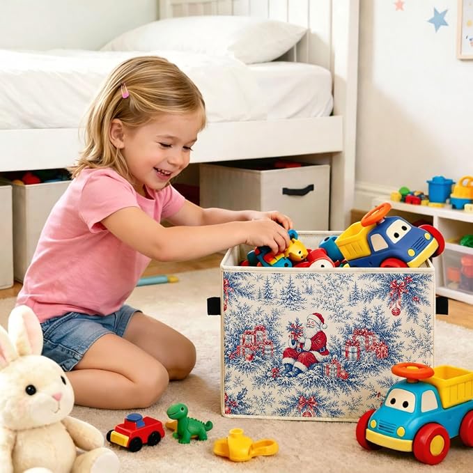Blue Santa Toile Storage Bin, Christmas Organizer | Blue toile Santa storage bin with gifts, bows, pine branches, and ornaments for holiday toys, books, clothes, and shelves.