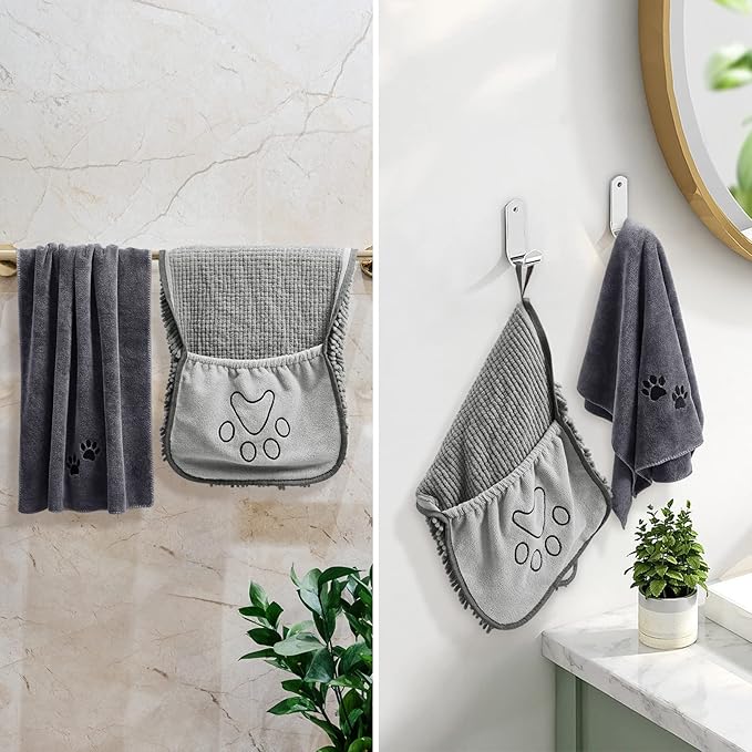 HOMEIDEAS 2 Pack Dog Towels Set, Chenille and Microfiber, Super Absorbent Soft Bath Shammy Towel with Hand Pockets for Pets Drying