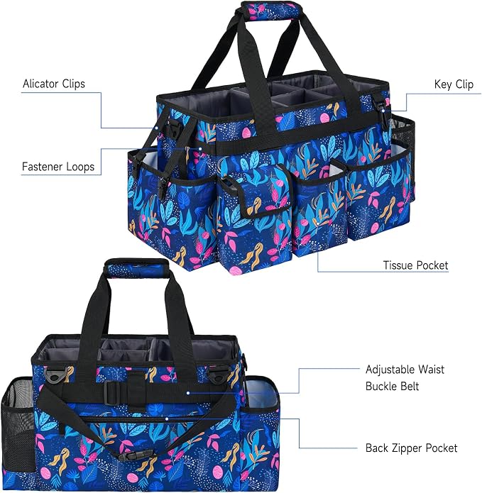 Cleaning Organizer, Large Caddy Bag for Supplies, Housekeeper's Bag with Handle (Blue Leaf)
