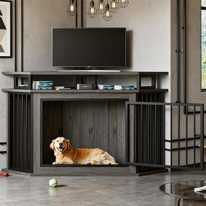 IRONCK 51" Large Corner Dog Crate Furniture with 2-Tier Storage Shelves | 10mm thickened iron frame. 2-tier shelves and 200 lb top. Space-saving corner design. 26.7" L x 51.2" W x 33.5" H. Gray