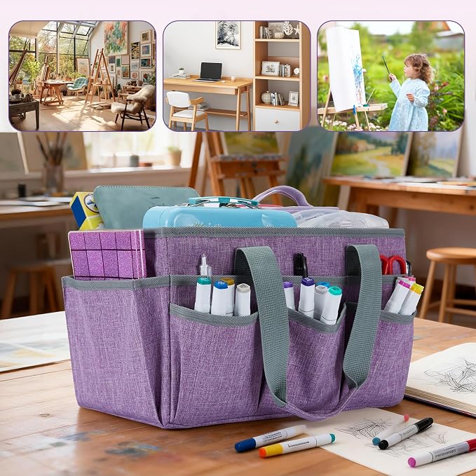Craft Organizer Tote Bag, Art Storage Caddy with Multiple Pockets | Art Supplies Storage, Sewing Bag, Scrapbooking for School, Home and Office (Purple)