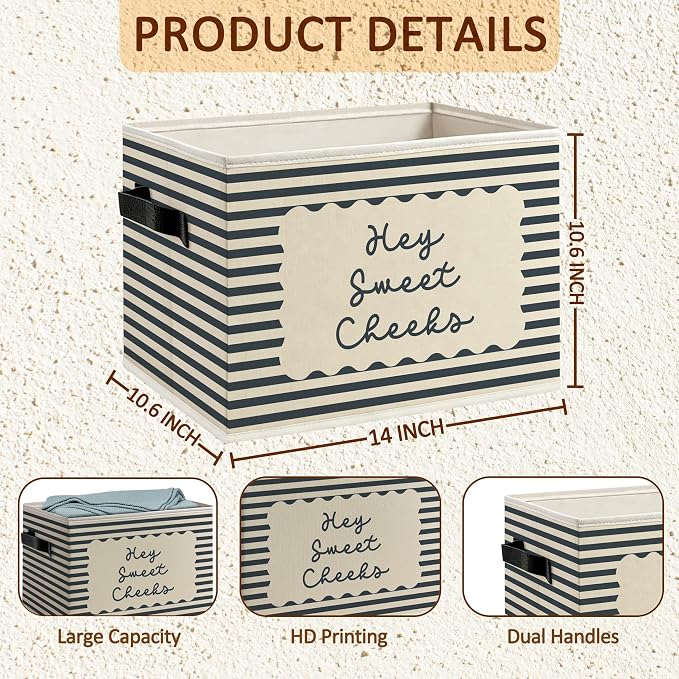 Hey Sweet Cheeks Bathroom Foldable Storage Bins Box with Handles, Boho Blue Striped Decorative Storage Boxes Baskets Organizer for Washroom Guest Bathroom