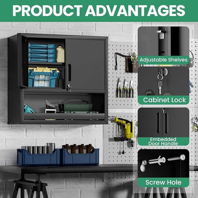 Garage Wall Cabinet,29.5" W Wall Mounted Garage Cabinets with Adjustable Shelf,Heavy Duty Lockable Metal Cabinet,Secure Hanging Tool Cabinet for Basement,Laundry Room,Workshop,Black
