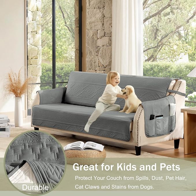Boho Gray Quilted Recliner Covers, Water-Repellent Recliner Slipcovers, Lazy Boy Chair Covers, Pet Friendly Recliner Cover for Dogs Cats, Washable Furniture Protector (Recliner 22", Gray)