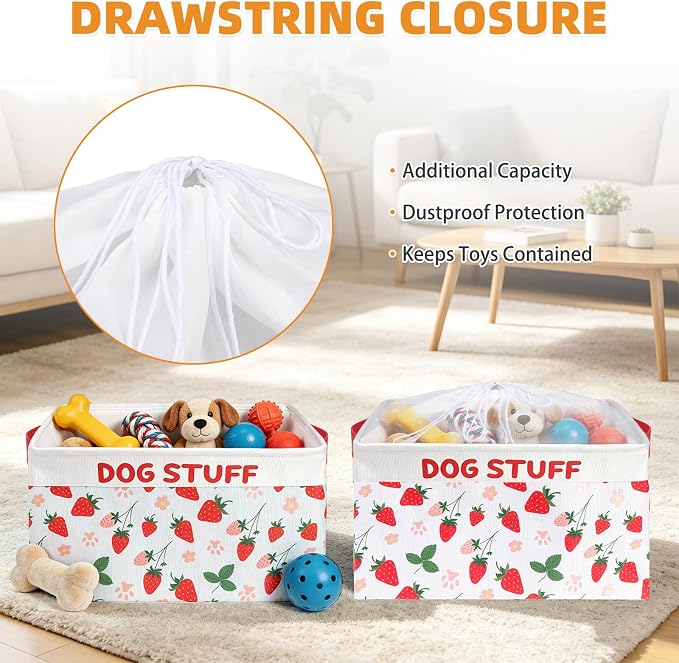 Dog Toy Basket, Collapsible Dog Toy Bin Box with Drawstring Cinch Top &Handles, Pet Food Storage Organizer for Dog Toys, Apparel, Blankets and Leashes, Pink Strawberry, L, 15.3"x13"x12"