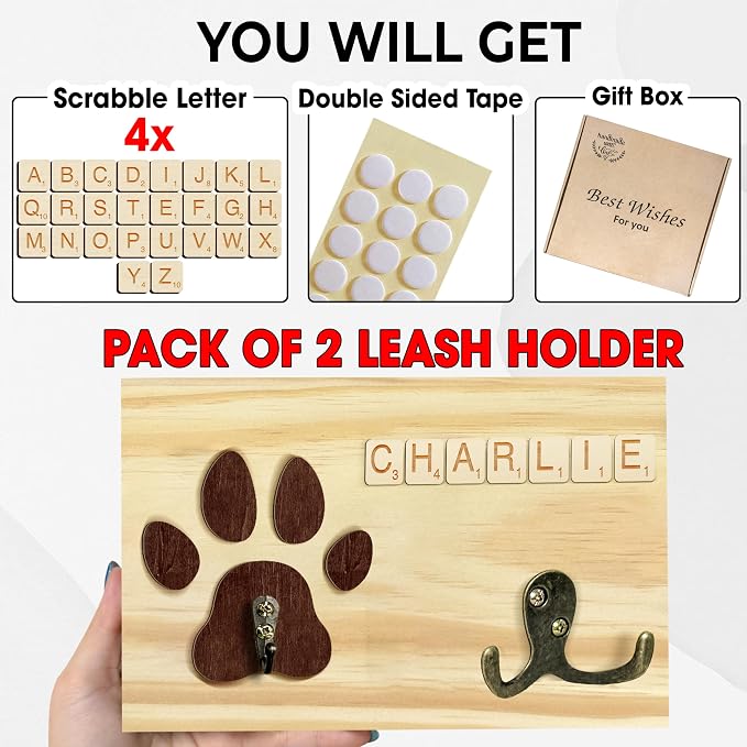 2 Pack Dog Leash Holder Wall Mount, Pet Harness Hanger with Scrabble Letters, Dog Collar Organizer for Entryway, Cat Leash Holder for Wall, Pet Loss Gifts, Keepsake, Home Decor PF218-CBN