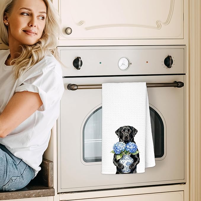 Blue Hydrangea Black Labrador Retriever Kitchen Towels, Black Lab Gifts Dish Tea Towels for Kitchen Decor, Chinoiserie Porcelain Floral Dog Decorative Hand Towel Bathroom Decor, 16x24 Inch
