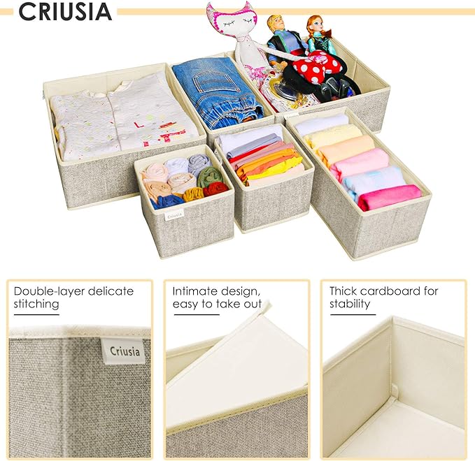 Underwear Drawer Organizer, 6 Set Foldable Underwear Drawer Organizer and Closet Dividers,Storage Box for Clothes, Socks, Underwear (6 Bins, Beige)