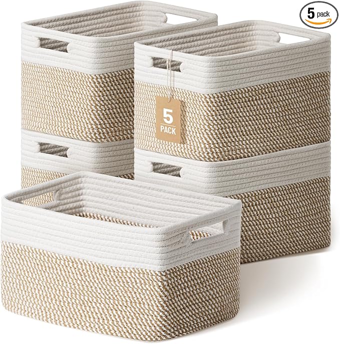 5 Pack Woven Storage Baskets, Decorative Storage Bins for Organizing | 13.8'' × 9.8'' × 7.9'', Cotton Rope Basket Organizer for Closet, Shelves, bathroom, Nursery, Toys, Books, Pantry, Khaki/White