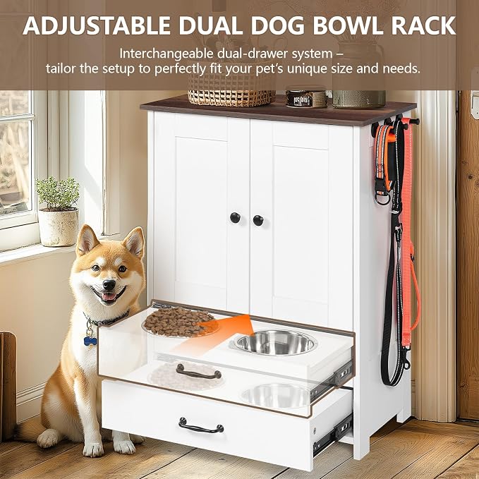Dog Feeding Station with Storage, Pull-Out Elevated Feeder | Adjustable Elevated Bowls, Hidden Pull-Out Feeder, Storage Cabinet, Food And Toy Organizer For Dogs And Cats