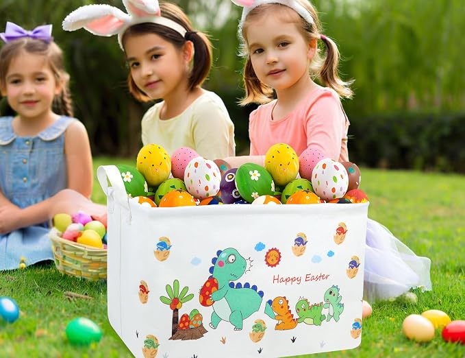 Large Rectangular Easter Baskets Empty Waterproof Boy Toy Box Foldable Kid's Gifts Storage Bin Spring Room Decor(Arrange Dinosaur Egg)