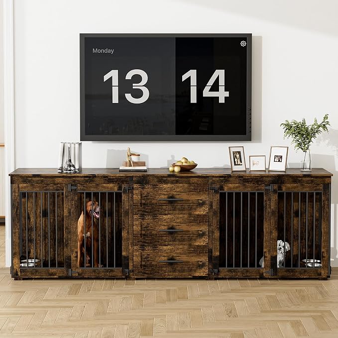 OUYESSIR 94.5" Double Dog Crate Furniture for Medium Large Dogs, Brown | Extra large dog kennel fits 2 Medium or large dogs, 3 Storage Drawers, 4 removable Stainless steel dog bowls, Solid Wood