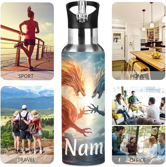 Custom Name Dragons Water Bottle with Straw Lid Kids Insulated Stainless Steel Water Flask Sports, 20 Oz Hot Cold