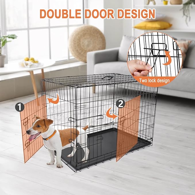 Pet Republic Dog Crates for Large Dogs Folding Metal Wire Dog Gage Double Door 30/36/42Inches Dog Kennel Indoor Outdoor Pet Grates